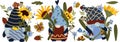 Set of cartoon gnomes holding a sunflower. Wildflowers, bee, butterfly and leaves on white background. Vector Royalty Free Stock Photo