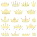 Set of cartoon golden royal crowns delicate watercolor isolated on white background Royalty Free Stock Photo