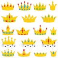 Set of cartoon golden royal crowns isolated on white background Royalty Free Stock Photo