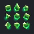 Set of cartoon green different shapes crystals