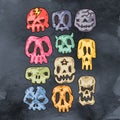 Set Of Cartoon Halloween skull. Halloween Stickers Set. Cartoon Icons. Vector illustration. Cute Halloween skull.