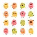 Set of cartoon hand drawn smiley monsters. Collection of different cute fluffy monsters characters Royalty Free Stock Photo