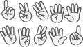 Set of cartoon hands for kids learning basic math. Count from one to ten with your hands. Funny vector doodle