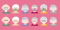 Set of cartoon heads or avatars of people - seniors, men and women. They wear a protective mask and a respirator with glasses -