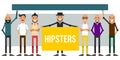 Set of cartoon hipsters. Team fashionable people with signs in f