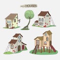 Set of cartoon houses. Brick houses with tiled roofs. Hand drawn fairy tale houses in cute scruffy style. Line art, sketch,