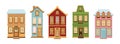 Set of cartoon houses in different color. Traditional architecture facades. Vector illustration in flat style