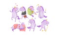 Set of cartoon humanized lilac unicorns. Vector illustration.