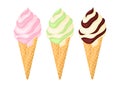 Set of cartoon ice cream with different flavors. Strawberry, pistachio, chocolate ice cream