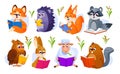 Set of cartoon icons of animals reading books isolated on white background Royalty Free Stock Photo