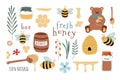 Set of cartoon icons: bees, fresh honey, jars, honey spoon, flowers, bear, honeycomb. Royalty Free Stock Photo