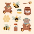 Set of cartoon icons: bees, fresh honey, jars, honey spoon, flowers, bear, honeycomb. Royalty Free Stock Photo