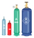 Set of cartoon icons, gas cylinders, balloons with gas, argon, danger explosive gas, warning sign Royalty Free Stock Photo