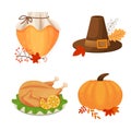 Set of cartoon icons for thanksgiving dinner, roast Turkey, pumpkin, pumpkin pie, pilgrim hat, corn. Vector illustration Royalty Free Stock Photo