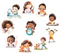 Set of cartoon illustration of children with different daily activities. Happy little kids, illustration of routine, regime Royalty Free Stock Photo