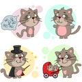 A set of cartoon illustration icons for design and children with cats, a fat and thin cat, a magician and a mom with a stroller an Royalty Free Stock Photo