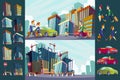 Set cartoon illustration of an urban large modern buildings, cars and urban residents.