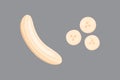 Set of cartoon illustration yellow bananas. Single, fresh banana peel.