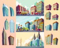Set cartoon illustrations of an old buildings, urban large modern buildings, cars and urban residents.