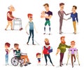 Set of cartoon illustrations of people with disabilities isolated on white. Royalty Free Stock Photo