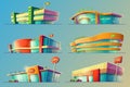 Set of cartoon illustrations, various supermarket buildings, shops, large malls, stores