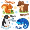 Set of animals orange, blue, brown, and black and white.