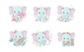 Set of Cartoon Isolated Elephant. Collection of Cute Vector Cartoon Animal Illustrations