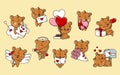 Set of Cartoon Kawaii Brown Bear Illustrations in Love. Collection of Vector Isolated Baby Animals