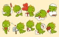 Set of Cartoon Kawaii Dino Illustrations in Love. Collection of Cute Vector Isolated Baby Dino.