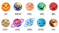 Set of cartoon kawaii planets, stars and satellites. Cosmos theme collection of anime faces. Solar system outer space planets Royalty Free Stock Photo