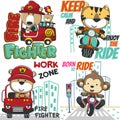 Set of cartoon kid animal activity. Bear the fire fighter. Tiger riding a scooter. Monkey riding a motorbike. Isolated objects on