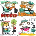 Set of cartoon kid animal activity. Tiger and bear the builder construction worker. Bear and monkey the sailor. Isolated objects
