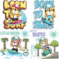 Set of cartoon kid animal activity. Tiger and bear surfer and skateboarder. Cartoon Isolated objects on white background. Concept