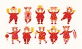 Set of cartoon kids bulls in red traditional Chinese clothes and with new years symbols of good luck. Chinese new year ox. Festive