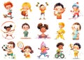 Set of cartoon kids doing different sport activities, isolated cliparts. Children playing in football and basketball, doing Royalty Free Stock Photo