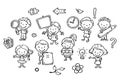 Set of cartoon kids holding different objects, outline illustration Royalty Free Stock Photo