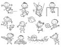 Set of cartoon kids outdoor activities, sports and games, outline illustration Royalty Free Stock Photo