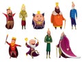Set of cartoon kings wearing crown and mantle. Different kings in recognizable situations. Color vector illustrations