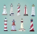 Set of cartoon lighthouses. Flat icons.