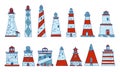 Set of cartoon lighthouses. Hand drawn sketch vector colorful illustration