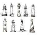 Set of cartoon lighthouses. icons. pencil drawing