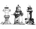 Set of cartoon lighthouses. icons. Pencil drawing