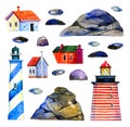 Set with cartoon lighthouses, stone rocks and small houses. Stylized hand drawn watercolor illustration