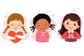 Set of cartoon of little girls hugging themself. Self love, self care, positive, happiness concept Royalty Free Stock Photo