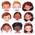 Set of cartoon little kids faces, children avatars. Happy multiethnic preschool boys and girls, kids stickers, children heads