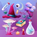 Set of Cartoon Magic Witchcraft accessories with mushrooms vectors. Alchemy Collection with Witch Hat, Glass Poison Royalty Free Stock Photo