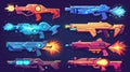 A set of cartoon modern illustrations featuring fireballs, lightning, explosions and a raygun pistol with plasmic beams