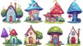 Set of cartoon moderns depicting a forest house building in a fairy tale forest. Illustrations show an isolated tree Royalty Free Stock Photo