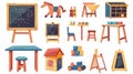The set of cartoon moderns includes a chalkboard, desk, chair, block cubes, toys for children and a wooden horse with