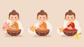 set of Buddha Purnima cartoon characters and design elements. display a Buddha statue in a small bowl decorated with